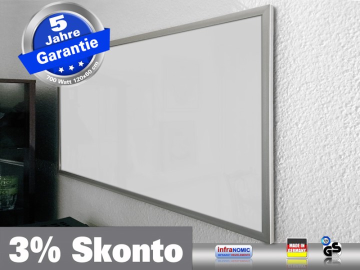Infrarotheizung Glas weiß 700 Watt 120x60 M23 mit Optionen