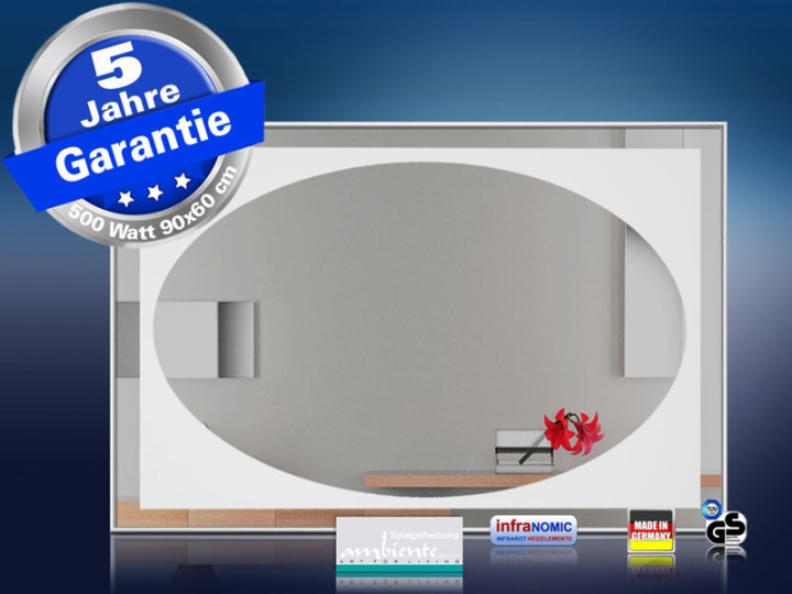 Design Spiegel mit Infrarotheizung 500-900 Watt 4 Größen M10 Oval
